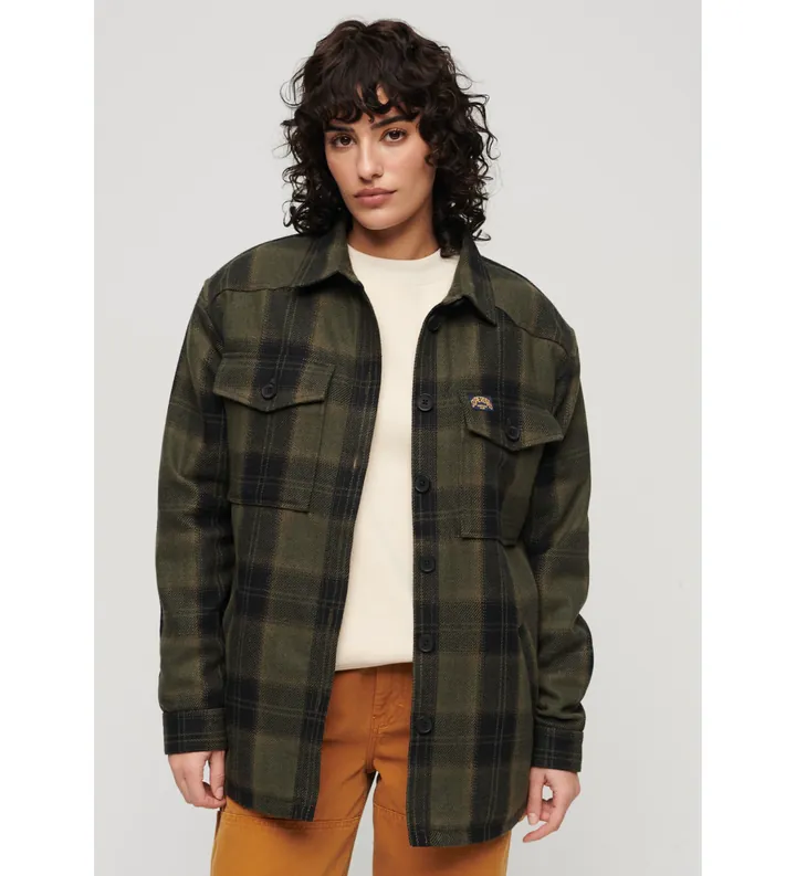 Superdry para mujer. W4010431A Sobrecamisa de borreguillo a cuadros verde (M), Casual, Lana, Manga larga