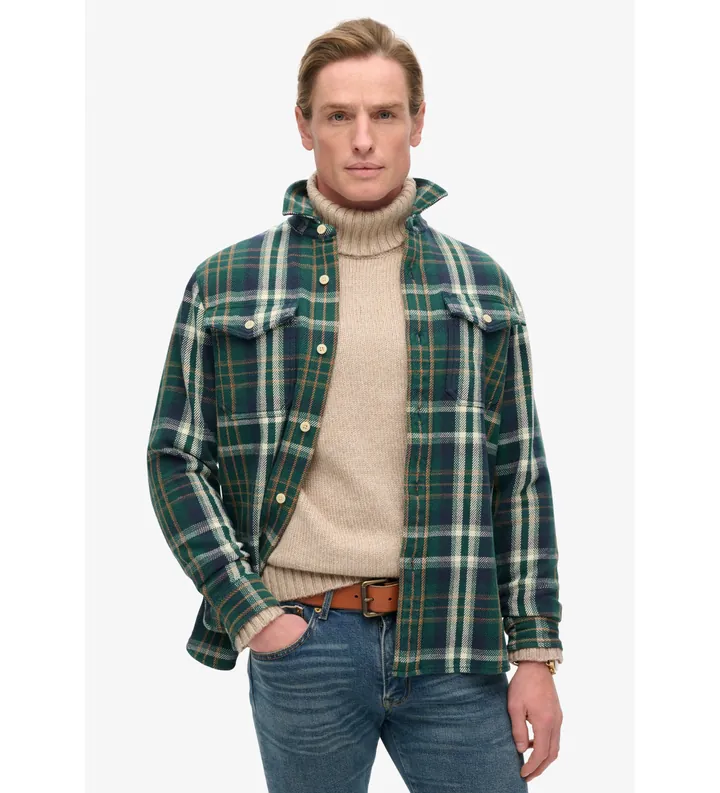 Superdry para hombre. M4010865A Camisa gruesa de cuadros Merchant Store verde (L), Casual, Algodón, Manga larga