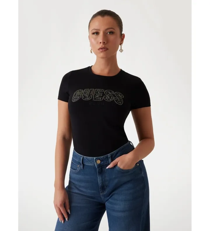 Guess para mujer. W5GI04J1314 Camiseta logotipo negro (XS), Casual, Algodón, Manga corta