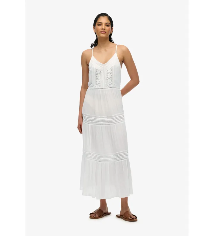 Superdry para mujer. W8011908A Vestido largo de tirantes Ibiza blanco (XS), Casual, Viscosa, Sin mangas / Tirantes