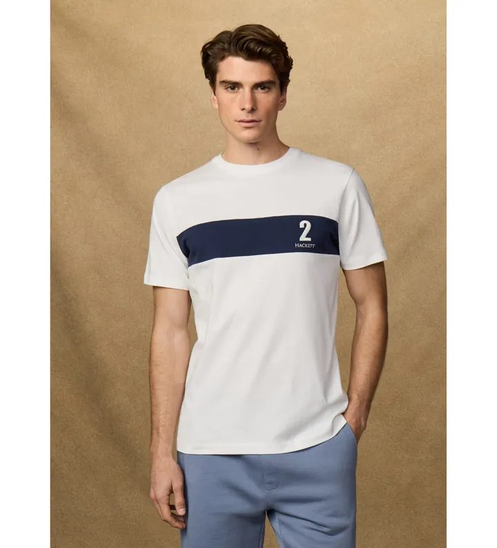 Hackett London para hombre. HM5000094 Camiseta Heritage Panel blanco (L), Casual, Algodón, Manga corta