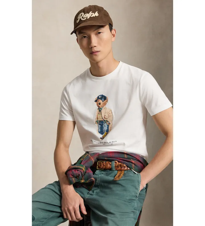 Polo Ralph Lauren para hombre. 710B30192001 Camiseta con Polo Bear Custom Slim Fit blanco (L), Casual, Algodón, Manga corta