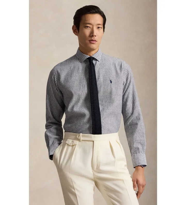 Polo Ralph Lauren para hombre. 710B16700008 Camisa de sirsaca Custom Fit con rayas marino (L), Casual, Algodón, Manga larga