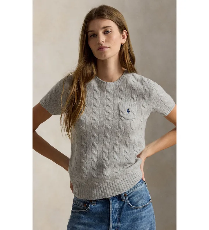 Polo Ralph Lauren para mujer. 211A92271001 Jersey Trenzado blanco gris (M), Casual, Algodón, Manga larga