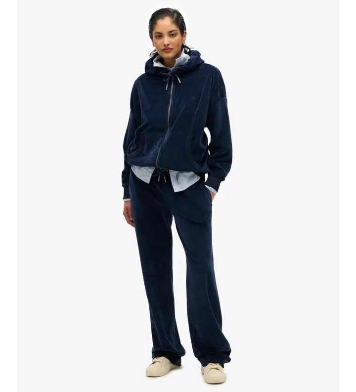 Superdry para mujer. W2012369A Sudadera con capucha y cremallera Velour azul marino (L), Casual, Algodón