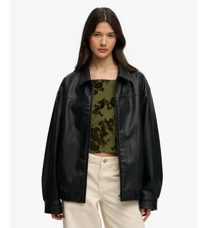 Superdry para mujer. W5012158A Cazadora de piel sintética Collared Oversized negro (L), Casual, Poliéster