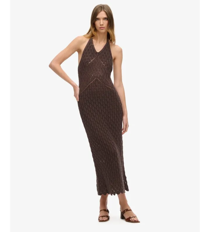 Superdry para mujer. W8011736A Vestido Crochet Halter marrón (L), Casual, Algodón, Sin mangas / Tirantes