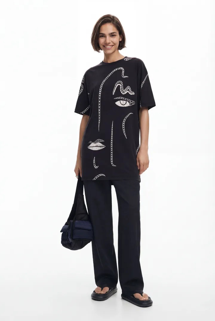 Desigual, Vestido ilustraciones, Algodon, Negro, L