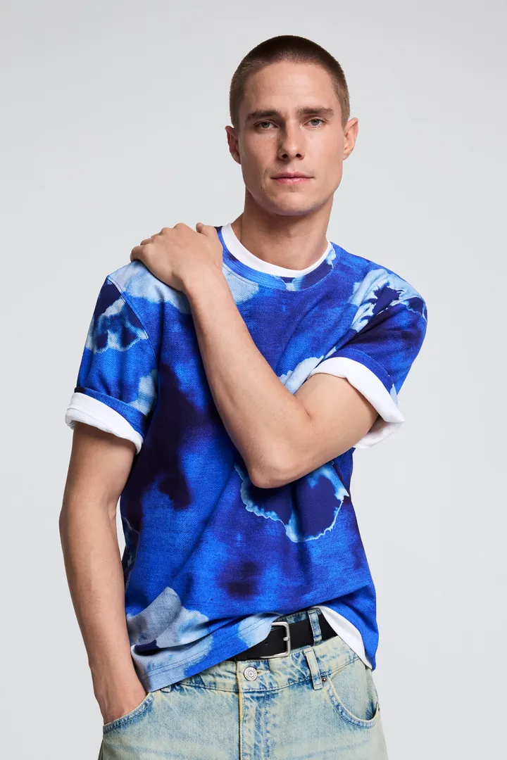 Desigual, Camiseta tie dye flores, Hombre, Algodon, Azul, L