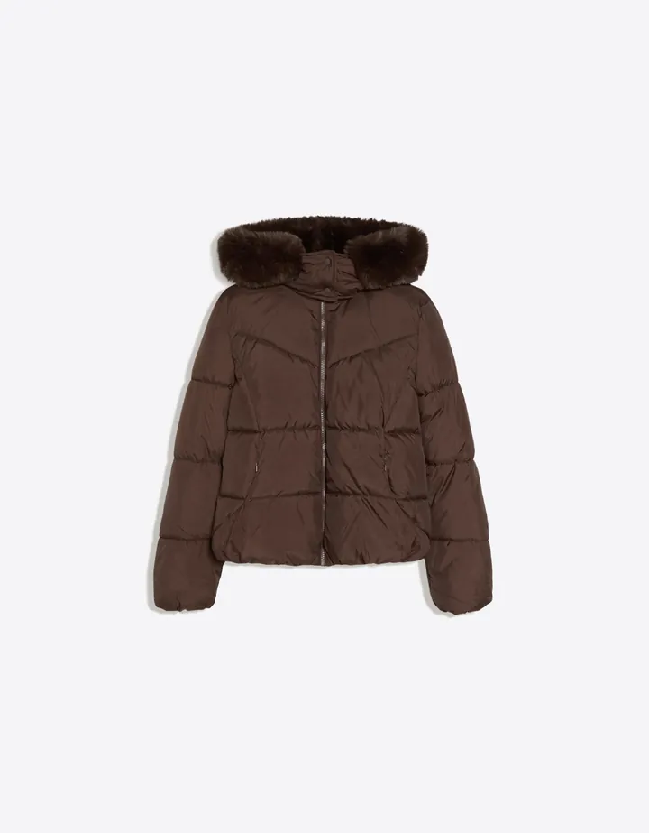 Bershka Cazadora Acolchada Capucha Pelo Mujer L Marrón