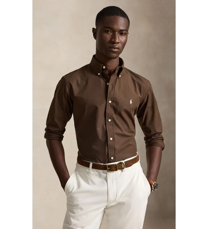 Polo Ralph Lauren para hombre. 710929349505 Camisa de popelina elástica Custom Fit marrón (L), Casual, Algodón, Manga larga