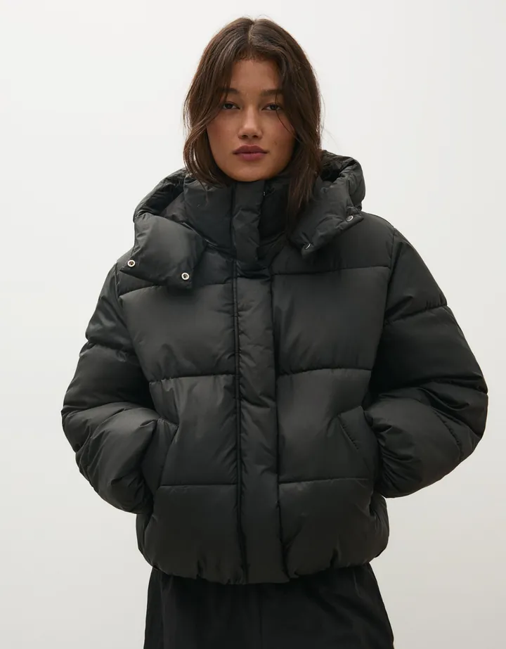 Bershka Cazadora Acolchada Oversize Capucha Mujer L Negro
