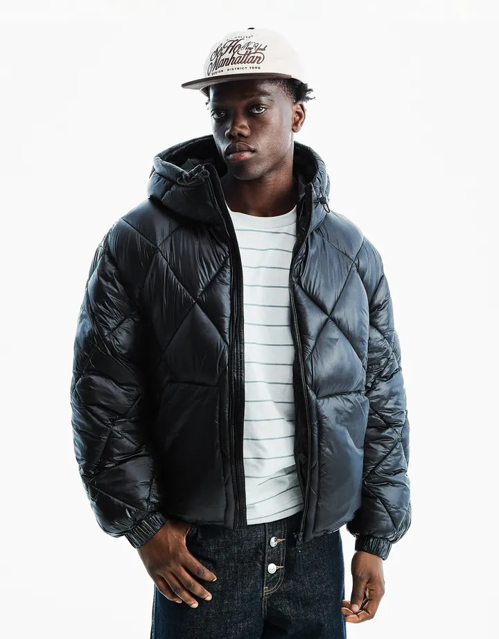 Bershka Cazadora Técnica Capucha Rombos Hombre L Negro