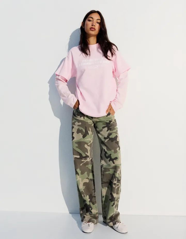 Bershka Camiseta Oversize Doble Manga Print Mujer L Rosa