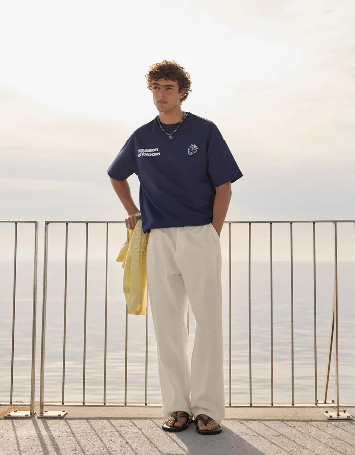 Bershka Pantalón Super Baggy Con Lino Hombre 34 Arena