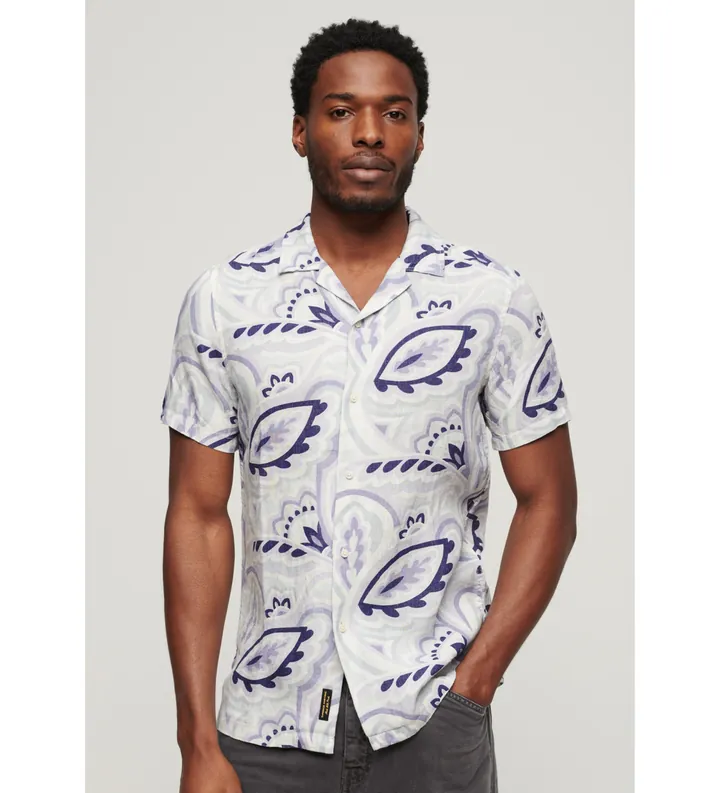 Superdry para hombre. M4010810A Camisa de lino estampada blanco (L), Casual, Manga corta