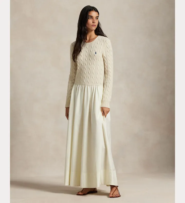 Polo Ralph Lauren para mujer. 211978251001 Vestido Woven Fit & Flare beige (L), Casual, Lana, Manga larga