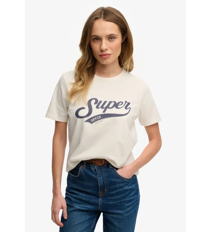 Superdry para mujer. W1011869A Camiseta Varsity Script blanco crema (L), Casual, Algodón, Manga corta
