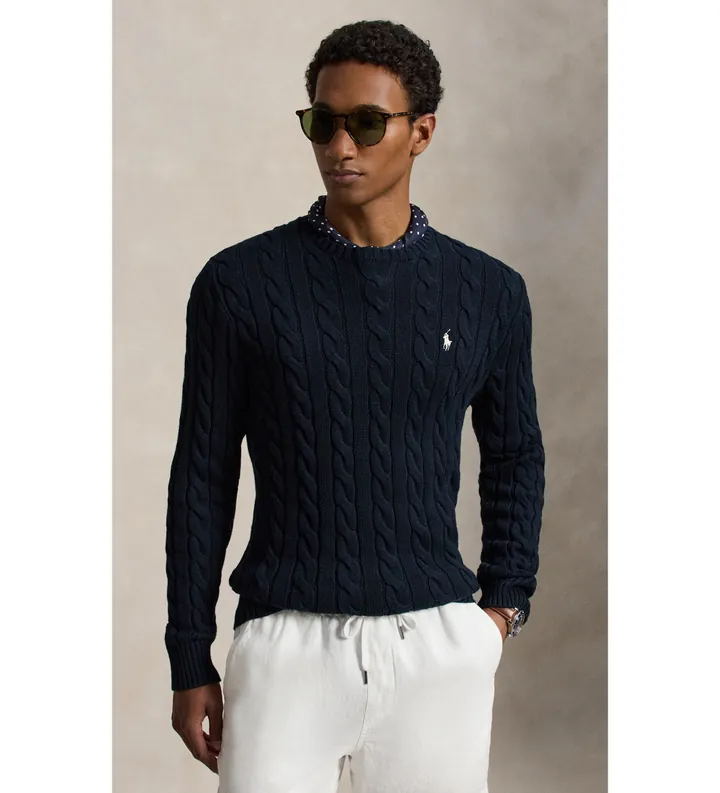 Polo Ralph Lauren para hombre. 710775885555 Jersey de algodón en punto de ochos (L), Casual, Manga larga, Marino