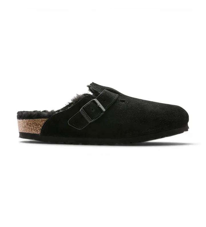 Birkenstock para mujer. 259883 Zuecos de Piel Boston Shearling (Ajuste Estrecho) negro (36), Plano, Ante, Ninguno, Casual