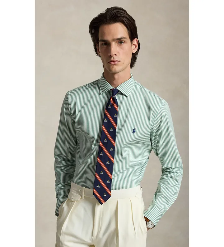 Polo Ralph Lauren para hombre. 710B22606002 Camisa de popelina con rayas Custom Fit verde (L), Casual, Algodón, Manga larga