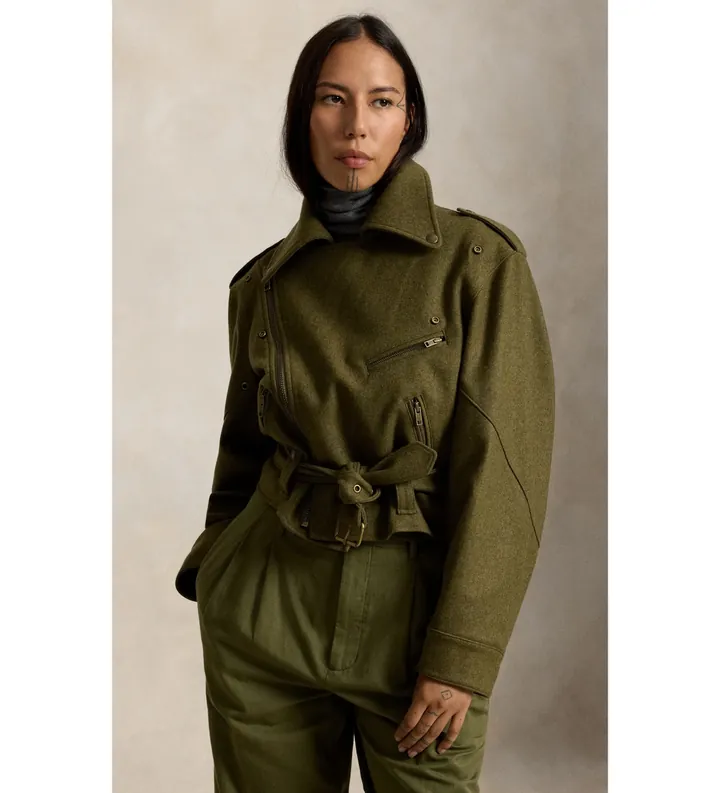 Polo Ralph Lauren para mujer. 211B23927001 Chaqueta motera de lana verde (M), Casual