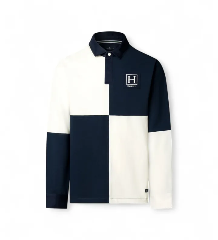 Hackett London para hombre. HM5700022 Polo rugby Quad marino (L), Casual, Algodón, Manga larga