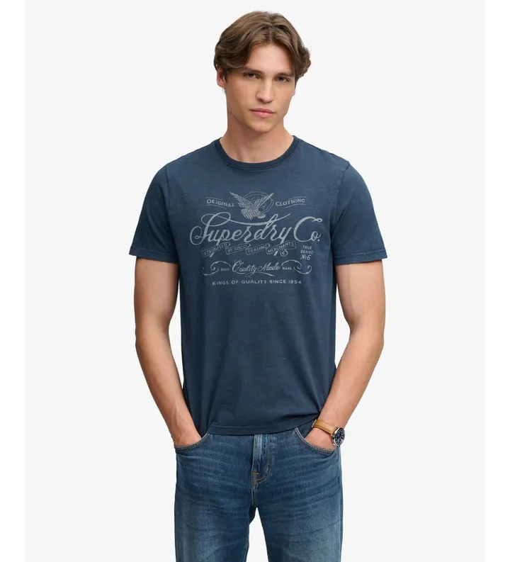 Superdry para hombre. M1012434A Camiseta Mercantile marino (L), Casual, Manga corta, Tela