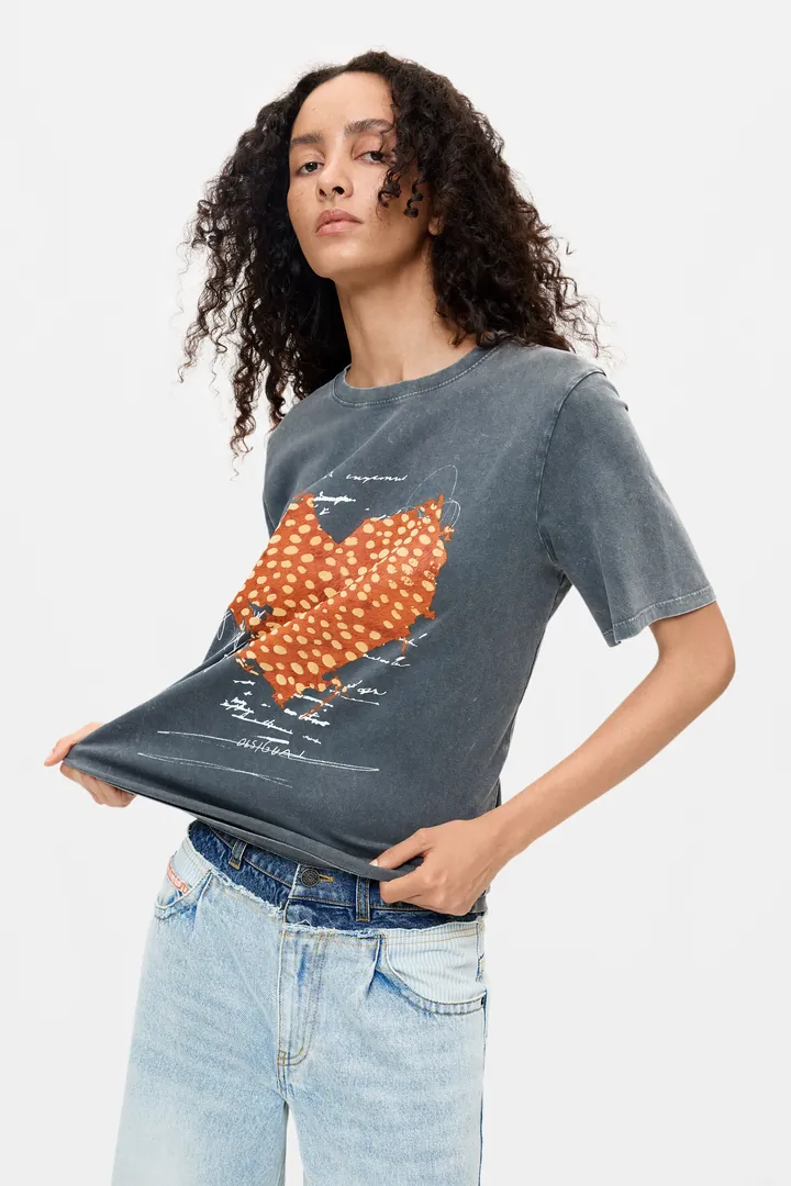 Desigual, Camiseta Estampada Algodón Orgánico, Mujer, Algodon, Negro, L