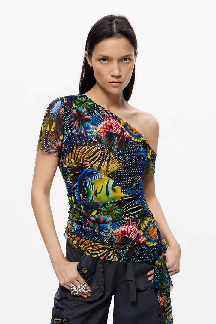 Desigual, Camiseta asimétrica Lacroix, Mujer, Poliester, Negro, L