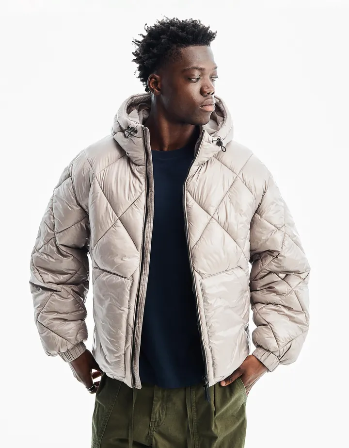 Bershka Cazadora Técnica Capucha Rombos Hombre L Gris