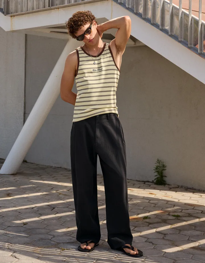 Bershka Pantalón Super Baggy Con Lino Hombre 34 Negro