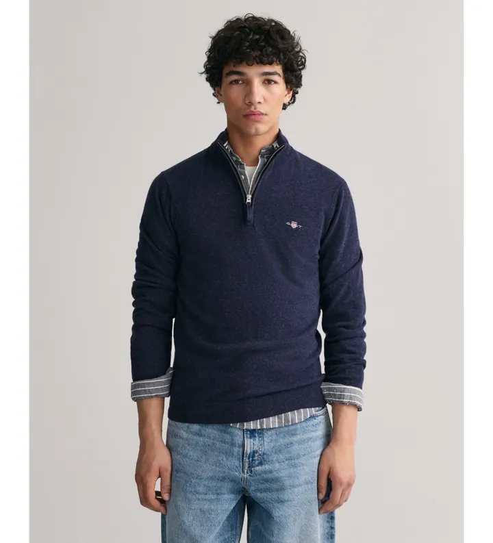 Gant para hombre. 87213 Jersey de lana de oveja muy fina con media cremallera marino (3XL), Casual, Algodón