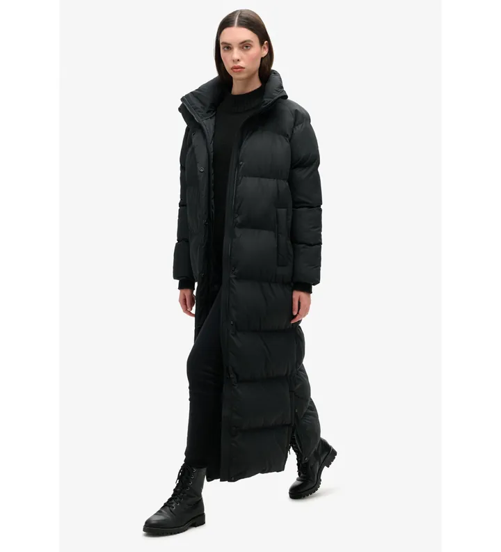Superdry para mujer. W5011800A Abrigo acolchado largo negro (L), Casual, Poliéster Reciclado, Sostenible