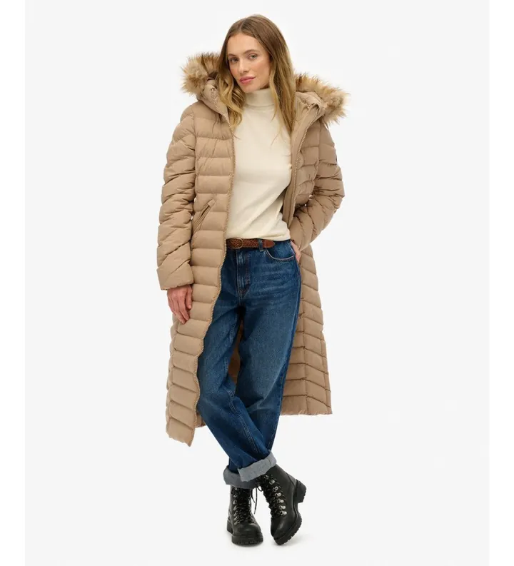 Superdry para mujer. W5012001A Abrigo Fuji Faux Fur Hooded Longline beige (L), Casual, Poliéster