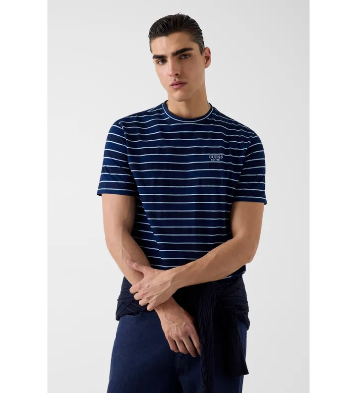 Guess para hombre. M6GI12K2993 Camiseta a rayas marino (M), Casual, Algodón, Manga corta
