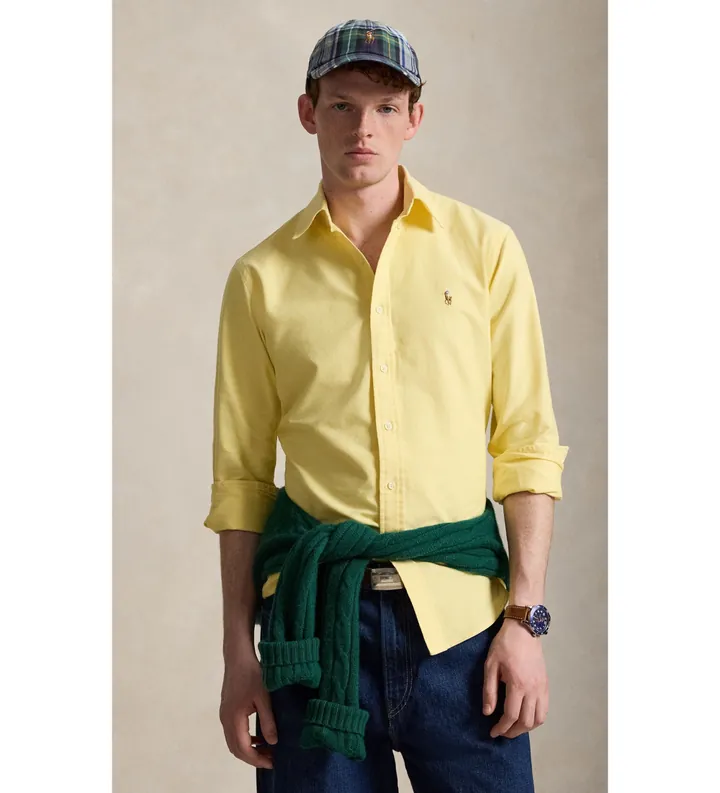 Polo Ralph Lauren para hombre. 710805562003 La icónica camisa oxford amarillo (L), Casual, Algodón, Manga larga