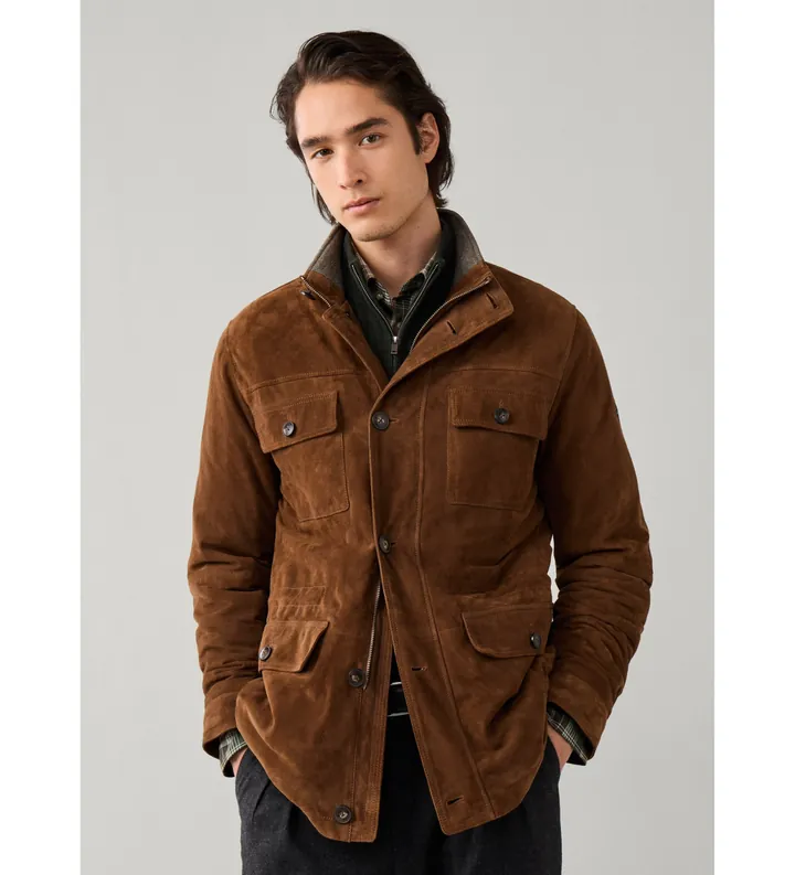Hackett London para hombre. HM4000225 Chaqueta de piel Lis marrón (L), Casual, Ante