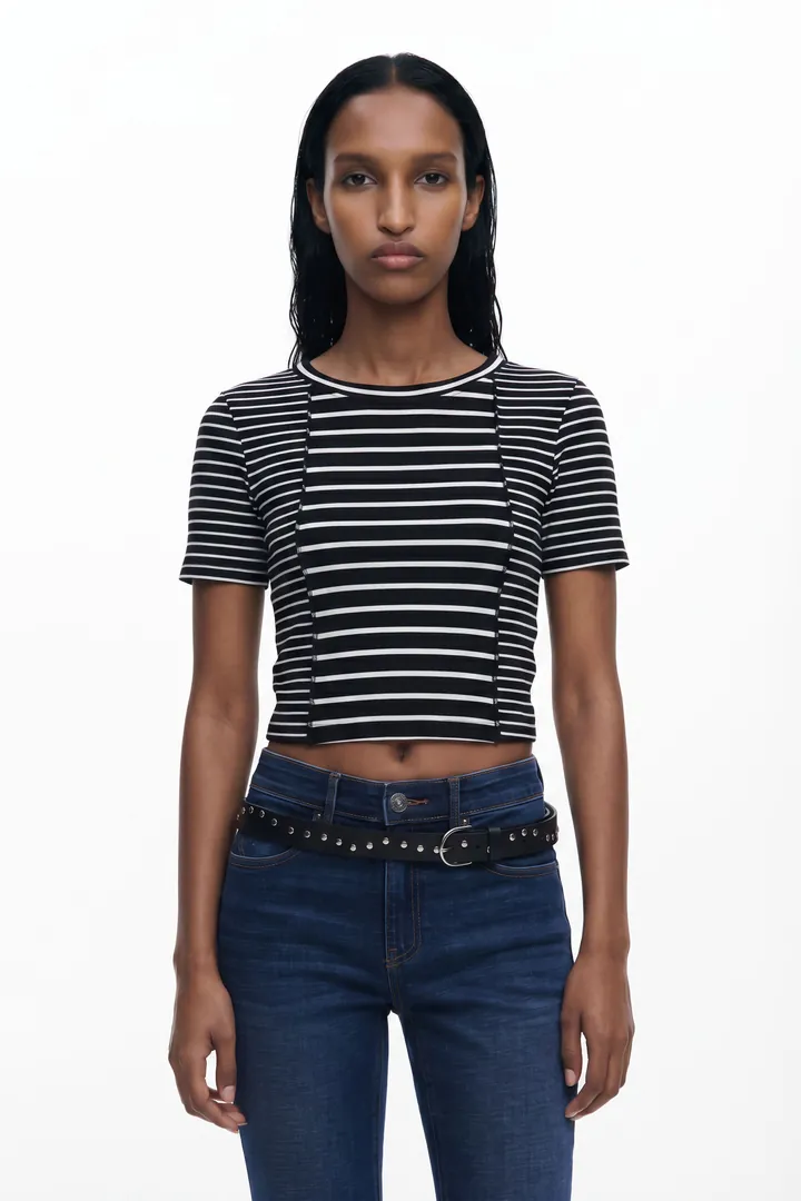 Desigual, Camiseta manga corta rayas, Algodon, Negro, L