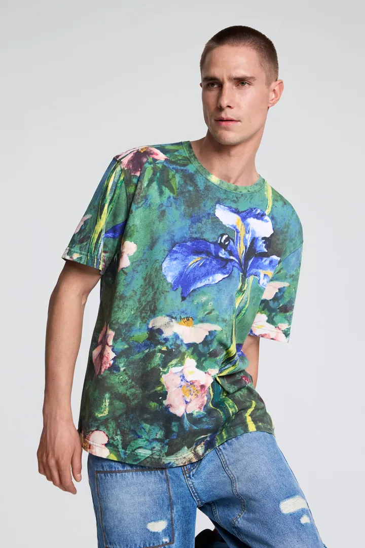 Desigual, Camiseta flores, Hombre, Algodon, Azul, L