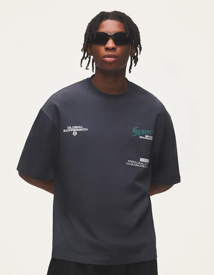 Bershka Camiseta Manga Corta Boxy Print Hombre L Gris Oscuro
