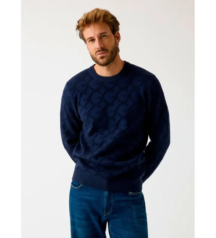 Guess para hombre. M5BR19Z0470 Jersey con logotipo jacquard en relieve marino (S), Azul, Casual, Lana