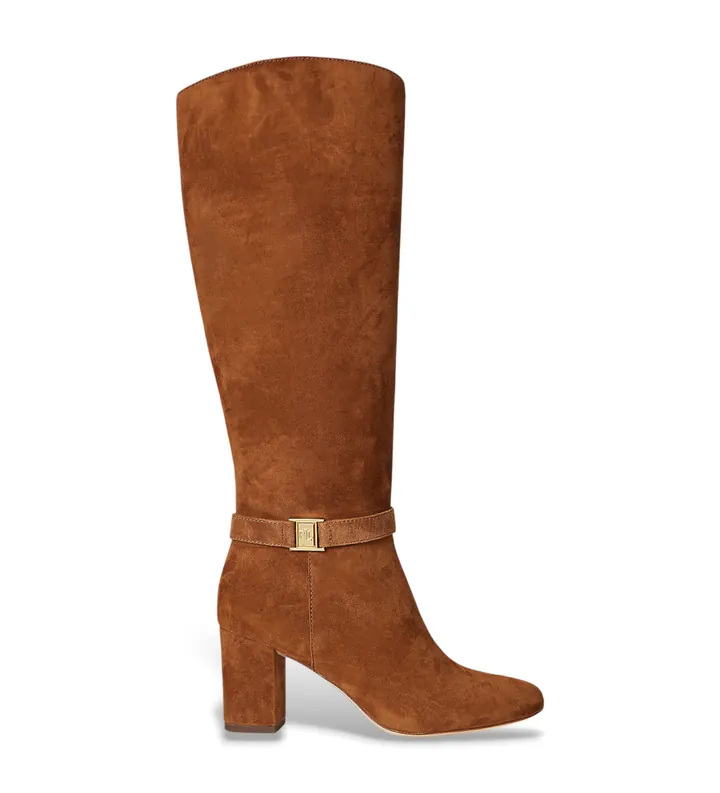 Lauren Ralph Lauren para mujer. 802967843002 Botas altas Kellie de ante con tacón marrón (35), Piel, 5 a 8cm, Cremallera, Casual
