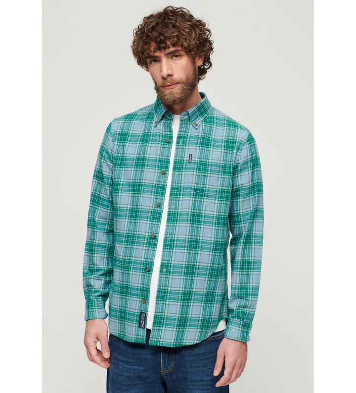 Superdry para hombre. M4010737A Camisa a cuadros vintage verde (L), Casual, Algodón, Manga larga