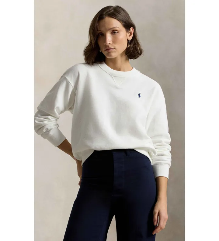 Polo Ralph Lauren para mujer. 211971690002 Sudadera de felpa con cuello redondo blanco (L), Casual, Algodón, Manga larga