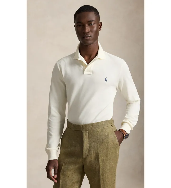 Polo Ralph Lauren para hombre. 710680790137 Polo de piqué Custom Slim Fit blanco roto (S), Casual, Algodón, Manga larga