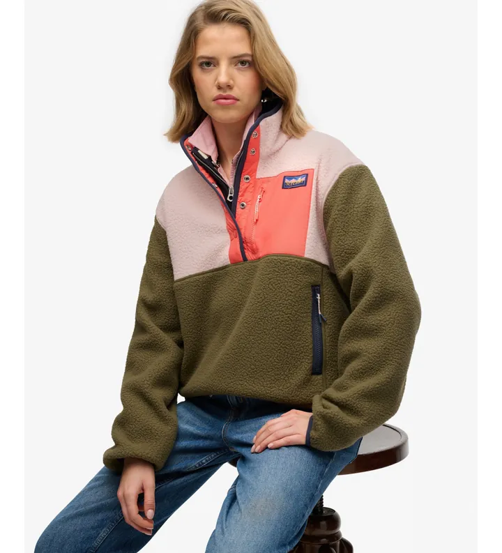 Superdry para mujer. W5012073A Forro polar Colour Block Pull On verde (L), Casual, Poliéster Reciclado