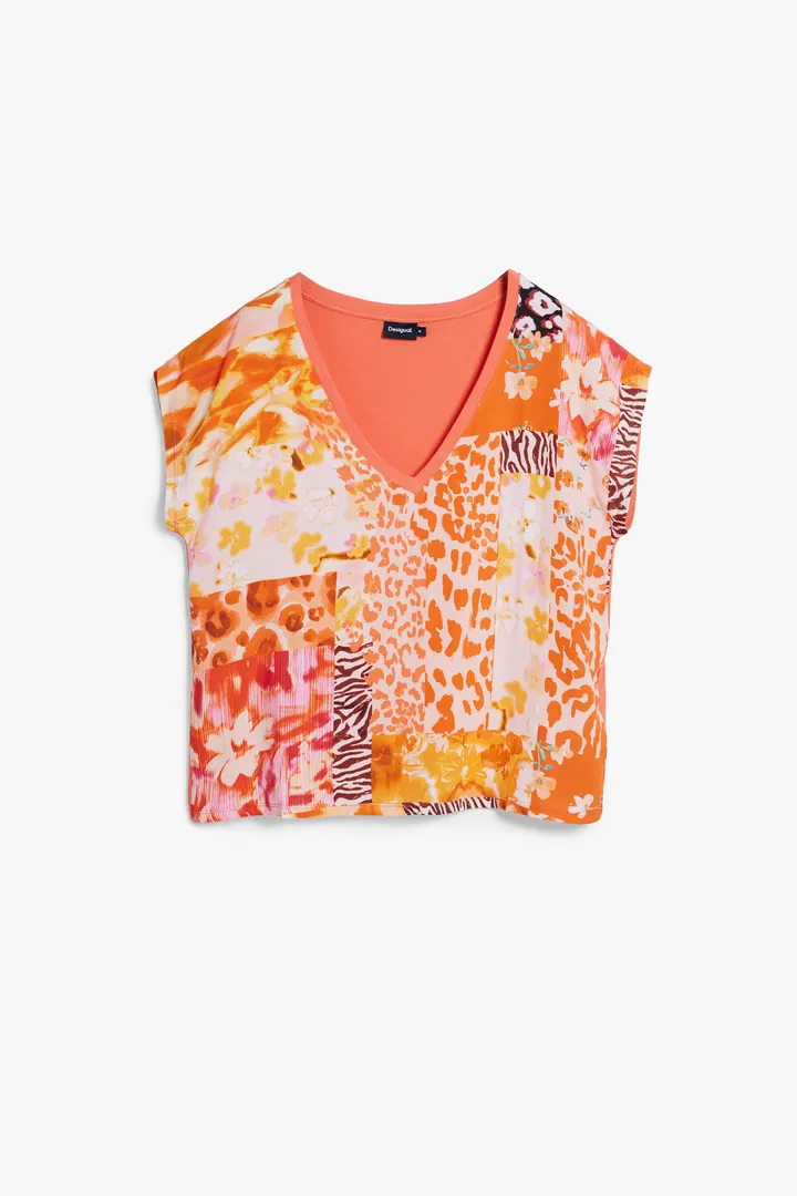 Desigual, Camiseta manga corta estampada, Viscosa, Naranja, L