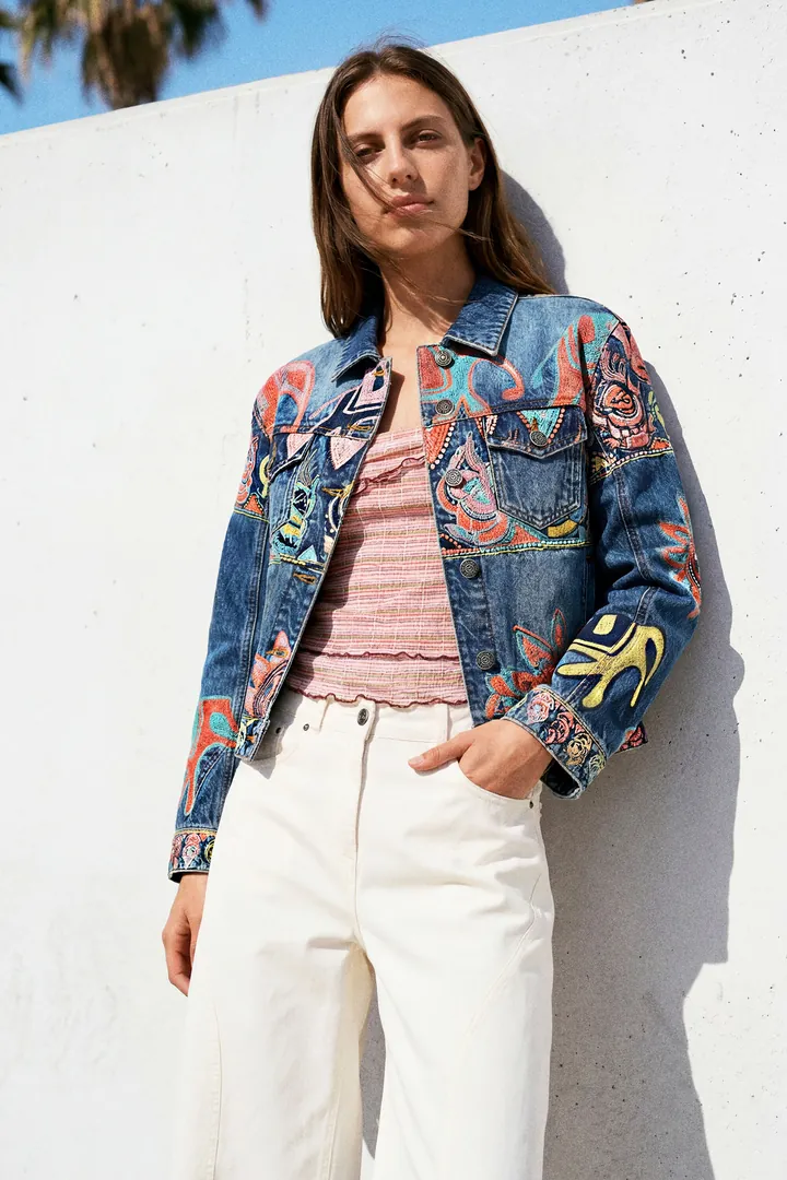 Desigual, Cazadora denim boradada, Mujer, Algodon, Azul, L