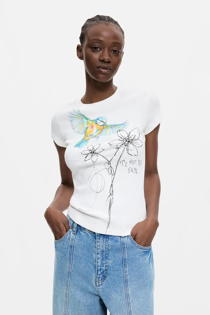 Desigual, Camiseta Estampada Flor, Mujer, Algodon, Blanco, L